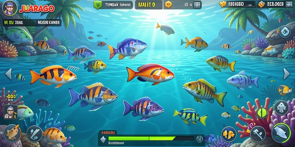 Screenshot gameplay JUARAGO menampilkan aksi seru menembak ikan.
