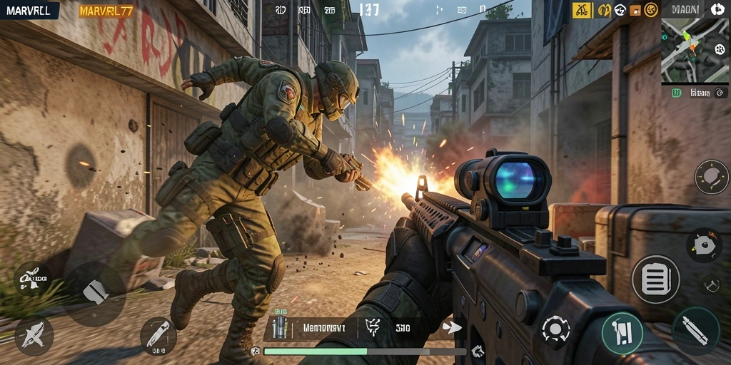 Gameplay intens di MARVRL77 dengan aksi tembak-menembak yang menegangkan.