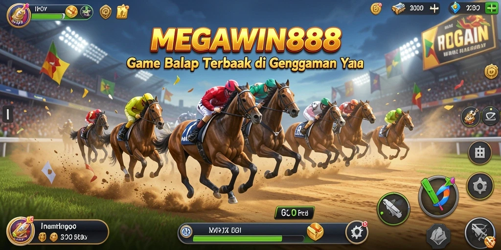 Tampilan gameplay <strong>MEGAWIN888</strong> dengan mobil balap di lintasan yang mendebarkan.