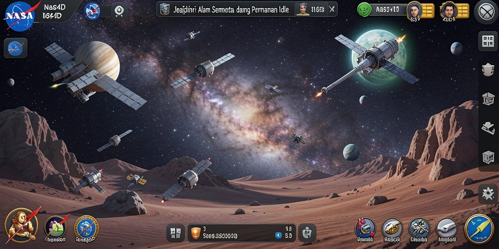 Screenshot gameplay NASA4D menampilkan planet-planet indah dan aktivitas eksplorasi.