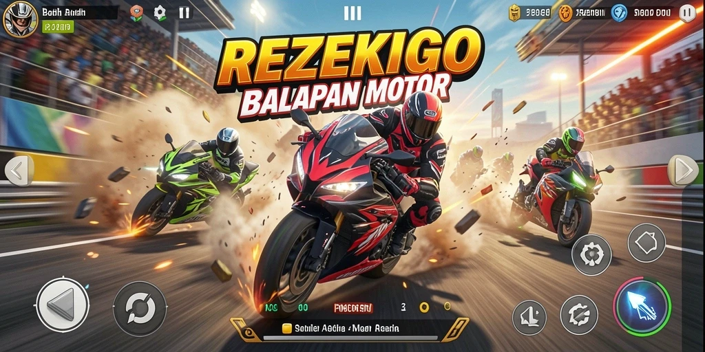 Tampilan gameplay seru dalam balapan motor di REZEKIGO.