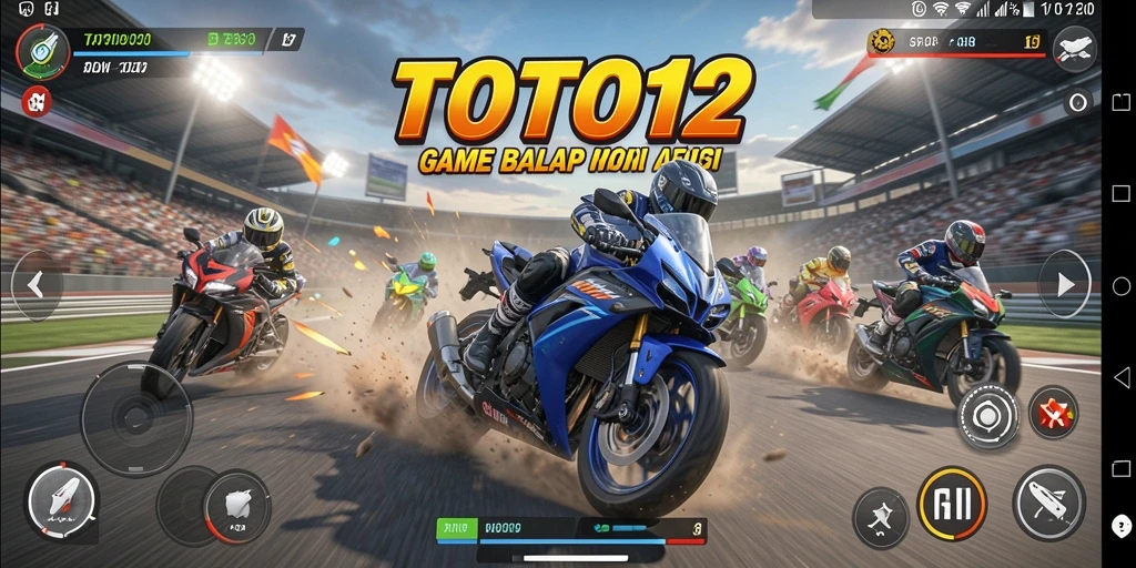 Screenshot utama TOTO12 menampilkan aksi balapan motor yang seru.